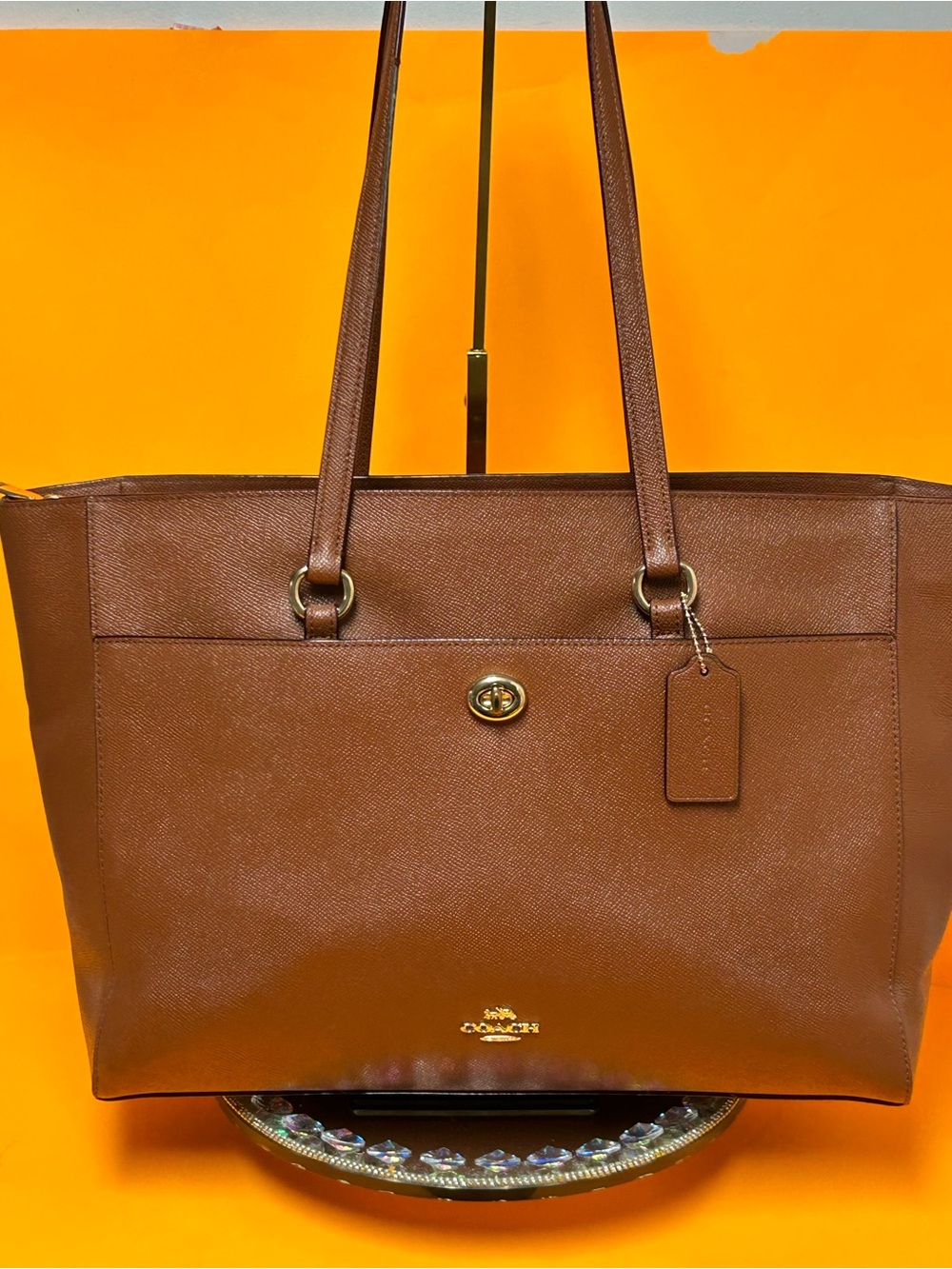 Coach Tan Saffiano Leather Tote with Turnlock Detail Approx. 18 x 11.5 x 5